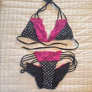 Polka Dot and Pink Lace Bikini Set